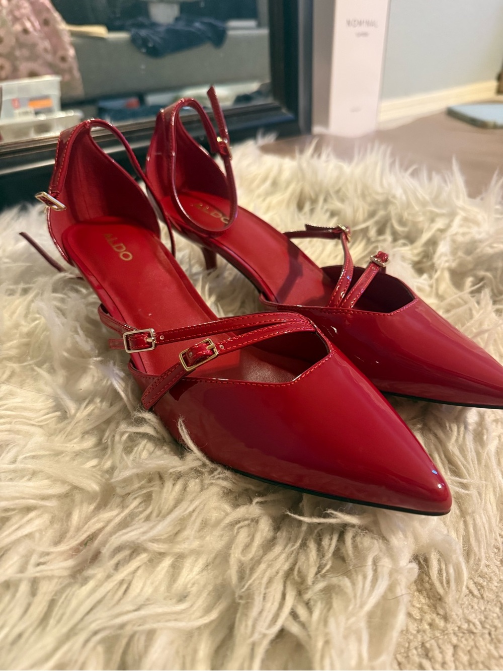 Aldo Red Patent Pointed Toe Double-Strap Slingback Heels